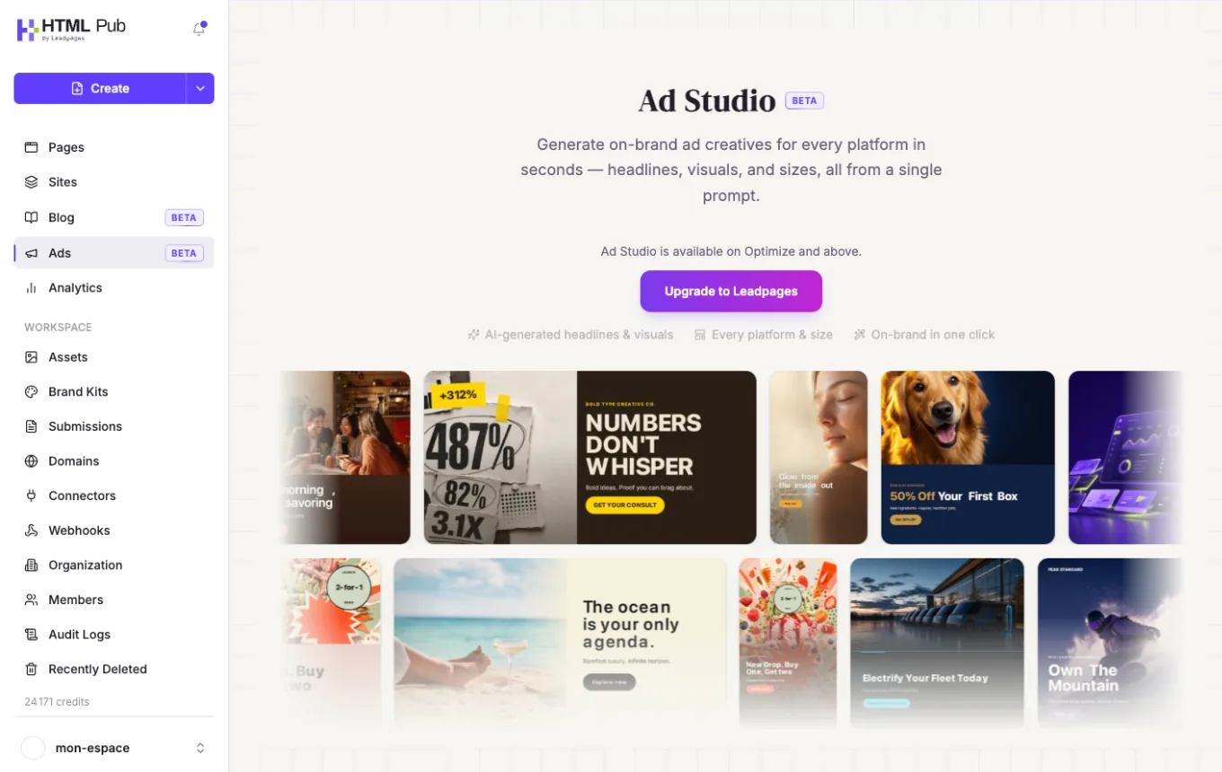 Ads page (Ad Studio): « Ad Studio is available on Optimize and above »