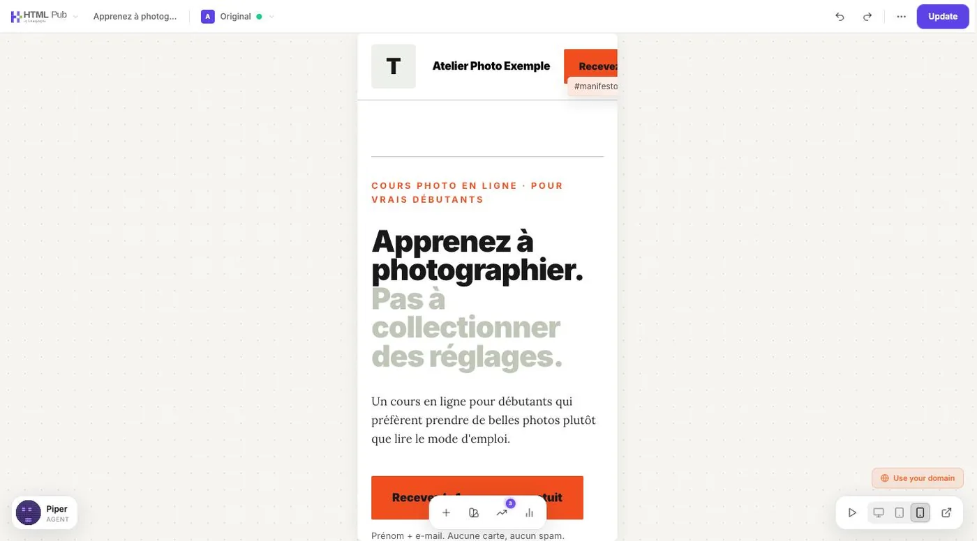 Mobile preview of the page in the editor
