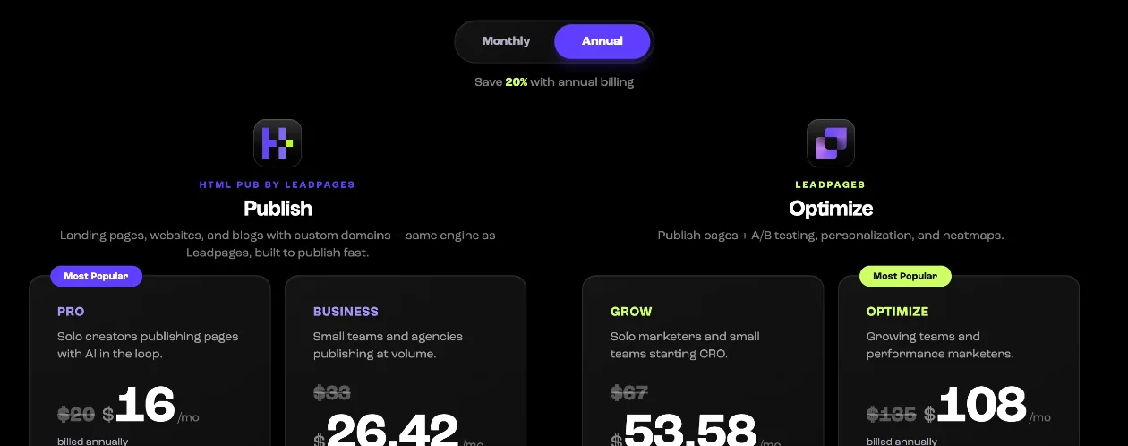 HTML Pub and Leadpages plans side by side