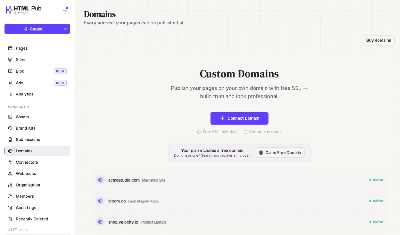 Domains page with « Connect Domain » and « Claim Free Domain »