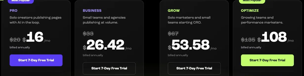 « Start 7-Day Free Trial » buttons on each plan