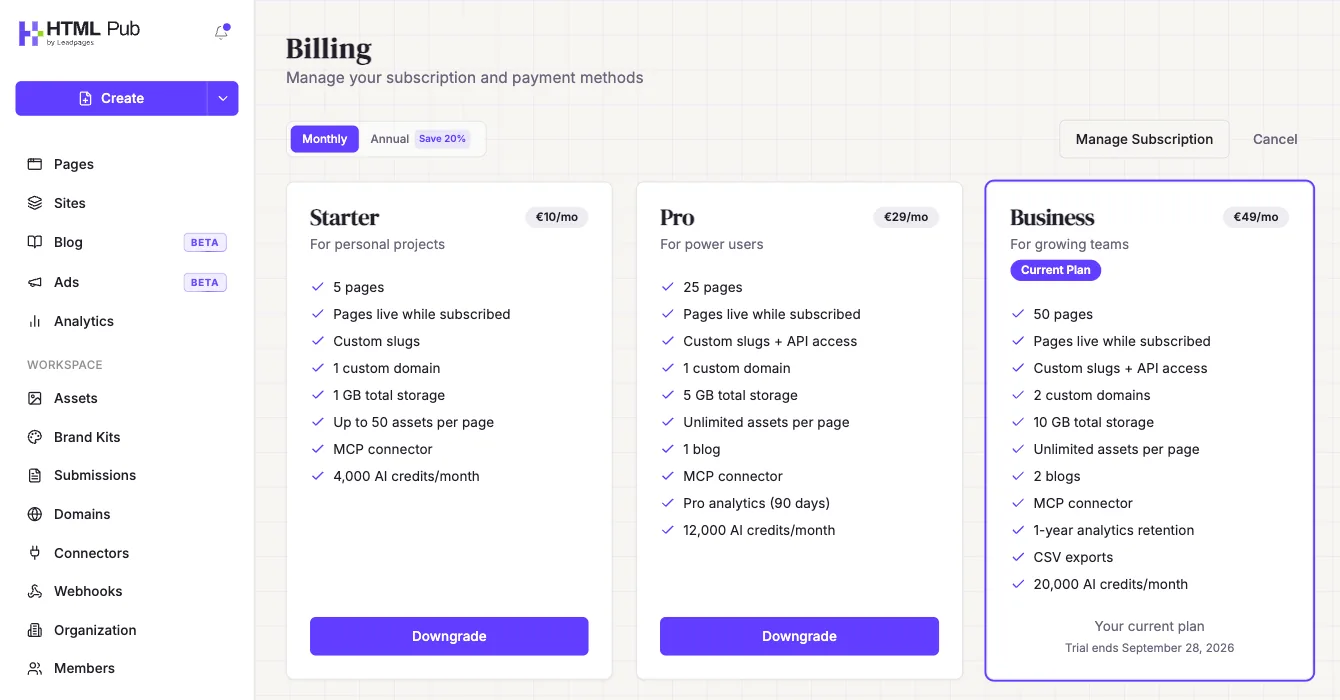 Billing page: plans, « Current Plan », « Manage Subscription » and « Cancel »