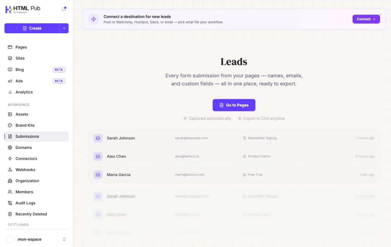Submissions page with the form responses