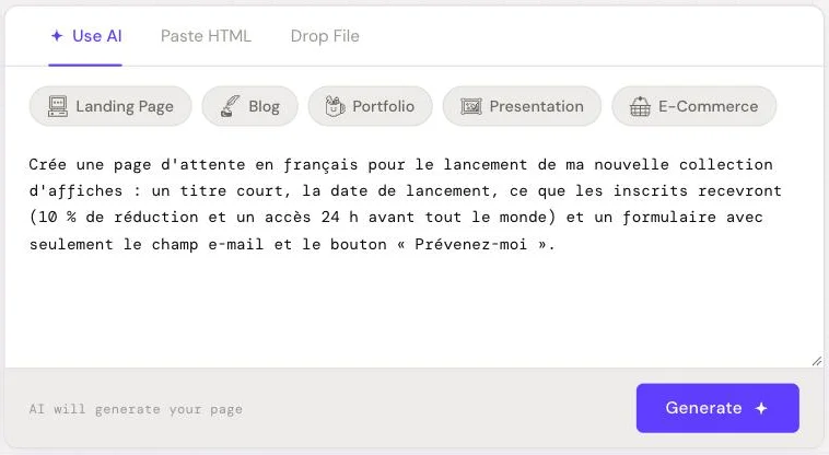 Description of a waiting page with an email form in the HTML Pub AI assistant