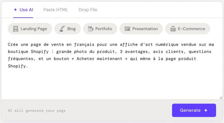 Describing a sales page for a Shopify product in HTML Pub's AI assistant