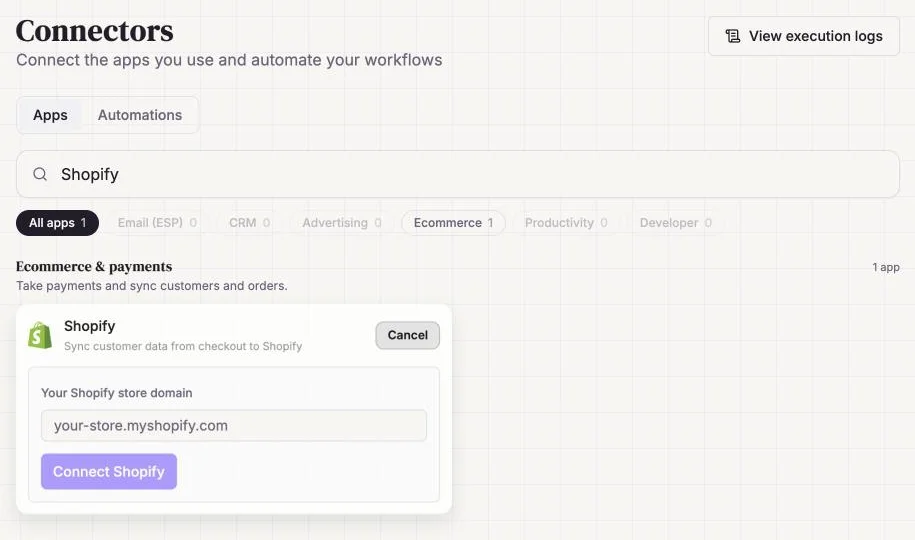 HTML Pub Connectors: Shopify card with the « Your Shopify store domain » field