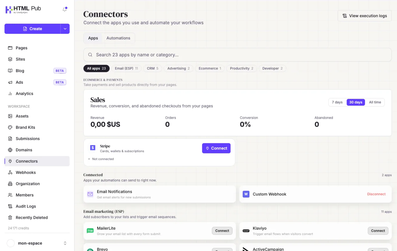 Connectors page with email apps to connect