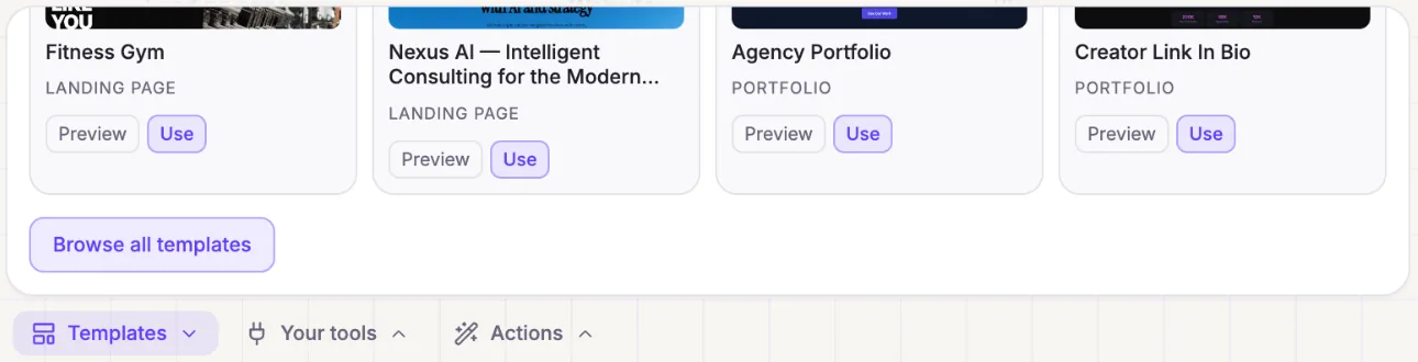 Templates panel with « Preview », « Use » and « Browse all templates »