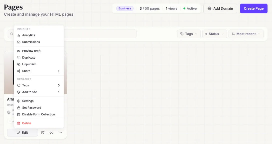 A page's « … » menu: Settings, Set Password, Tags