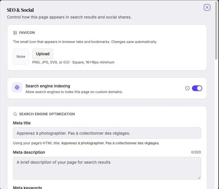 SEO and social settings in Leadpages: title, description and share image