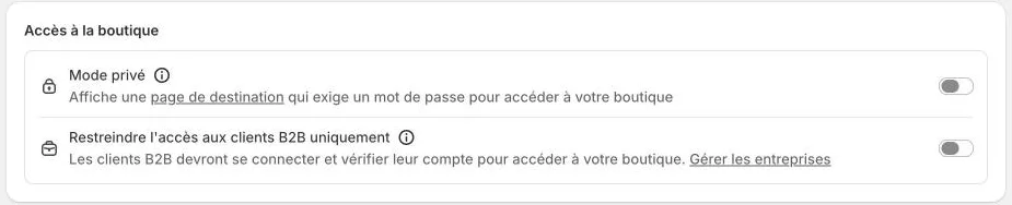 Online Store > Preferences: store access section with the password option