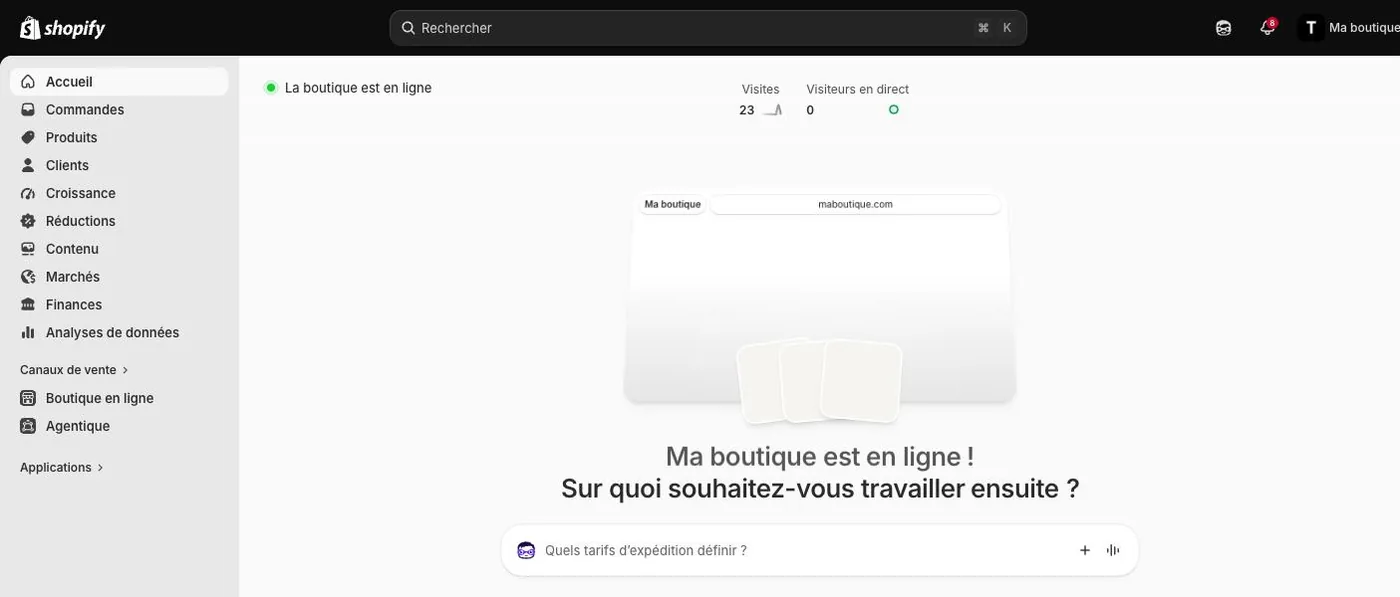Shopify admin home page with the menu and Sidekick (French interface)