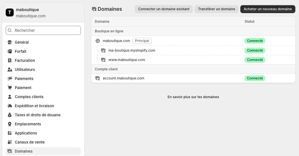 Settings > Domains with connected domains