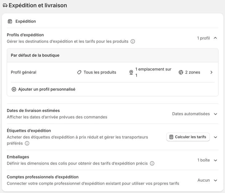 Settings > Shipping and delivery: general profile, estimated delivery dates and packages