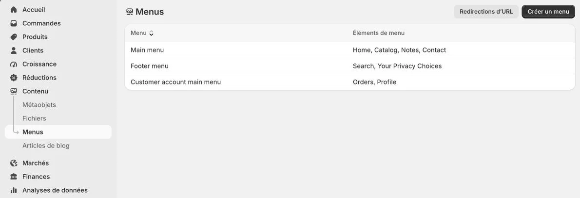 Content > Menus: main menu, footer menu and customer account menu