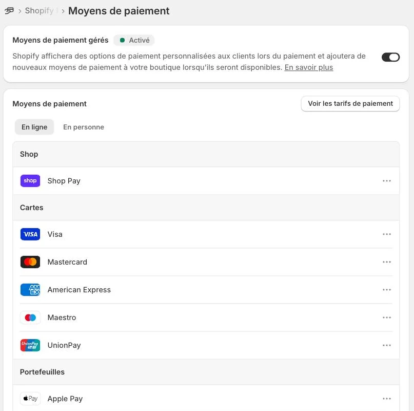 List of online payment methods: Shop Pay, Visa, Mastercard, American Express, Apple Pay