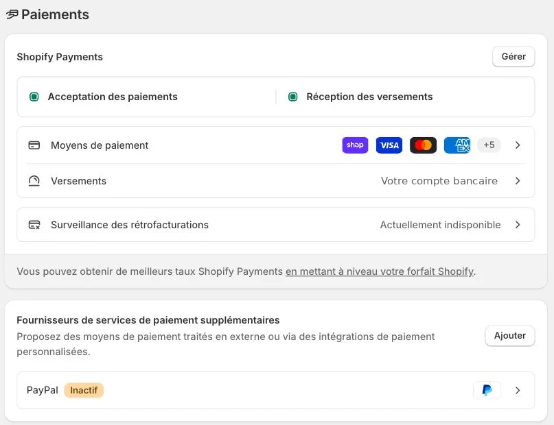 Settings > Payments: Shopify Payments, payment methods, payouts and PayPal