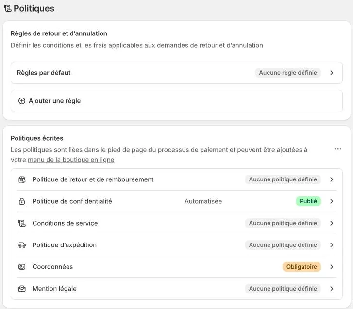 Settings > Policies: return rules and written policies (return, privacy, terms of service, shipping, contact information, legal notice)
