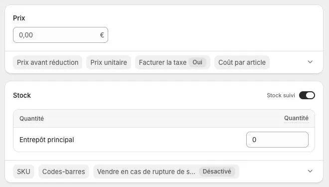 Pricing and Inventory sections of the Shopify product page