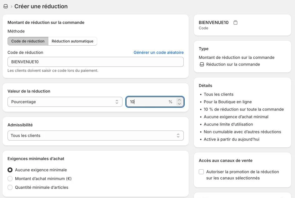 « Create discount » form with the code BIENVENUE10 and 10 % off the order (French interface)