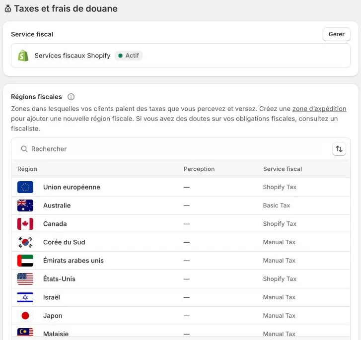 Settings > Taxes and duties: Shopify tax services and tax regions