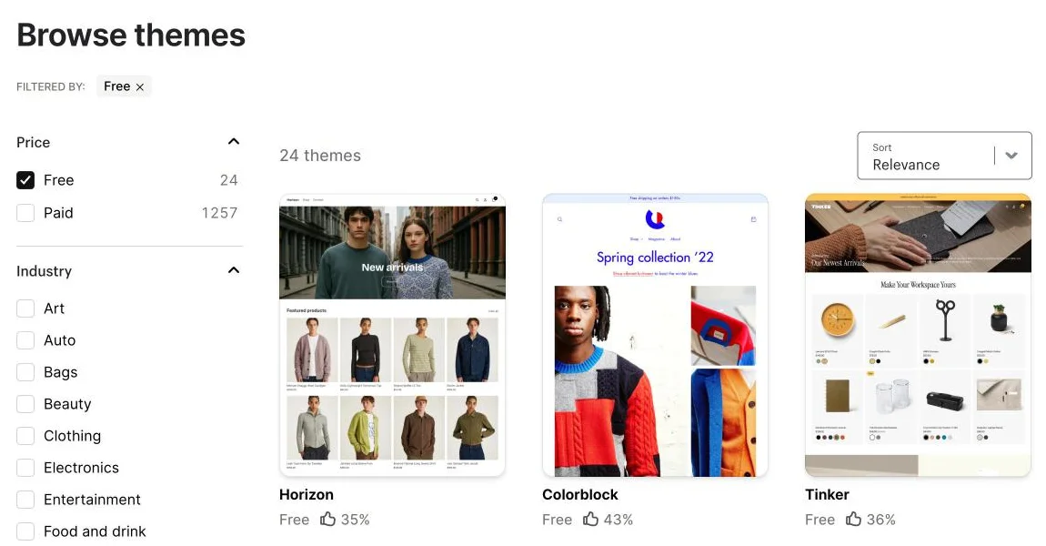 Shopify Theme Store filtered on free themes