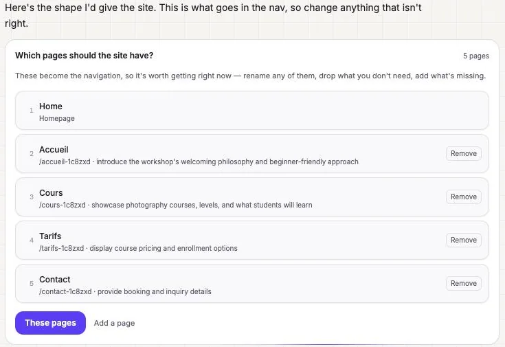 List of pages suggested for the site