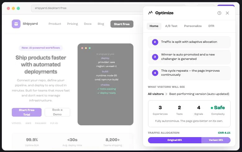 Optimize panel: automatic traffic split between the original and the variant